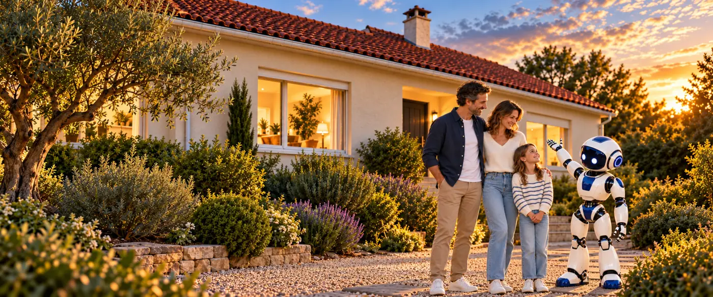 Une famille devant sa maison rénovée, avec OPTIMUS, le robot de Mavie Ingénierie