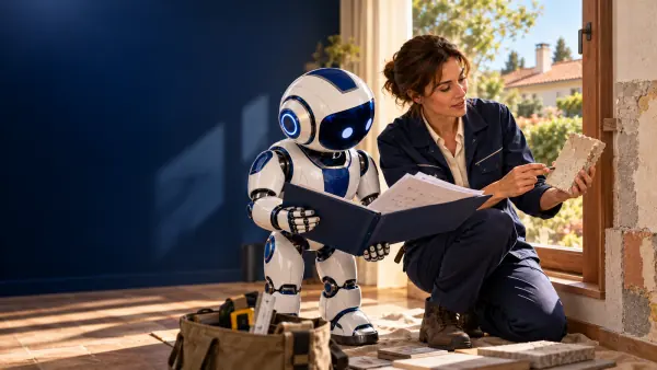 Une ingénieure Mavie et OPTIMUS étudient le dossier d'une maison