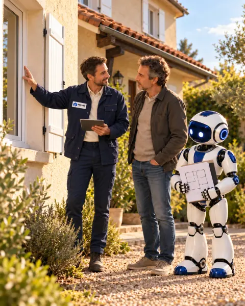 Un technicien Mavie et un propriétaire devant la maison, OPTIMUS tient le plan